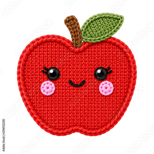 Cute Crochet Apple Kawaii Fruit Character Isolated on Transparent Background
