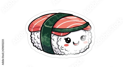 Cute Sushi Nigiri Salmon Kawaii Art Sticker Funny Food Character.