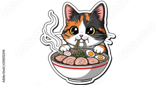 Kawaii calico cat eating hot ramen noodles illustration.