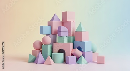 Pastel 3D geometric shapes piled in a creative arrangement.