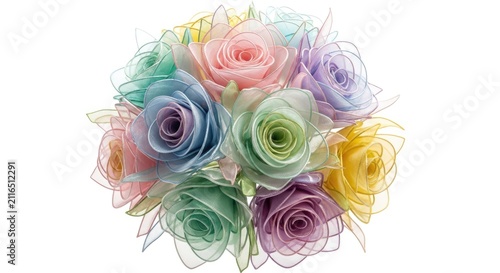Pastel fabric rose bouquet on white background.