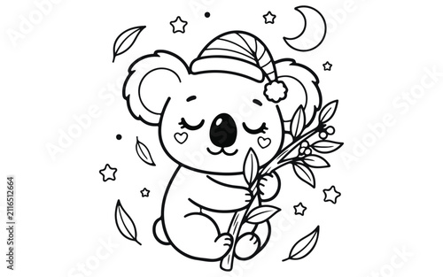 Canvas Print Cute koala wearing santa hat holding eucalyptus leaves
