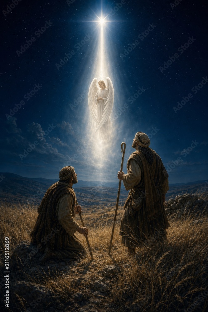 Obraz premium Angel appearing to shepherds in the field under the bright Christmas star. Biblical scene of the announcing of the birth of Jesus Christ. Religious artwork for advent and holiday.