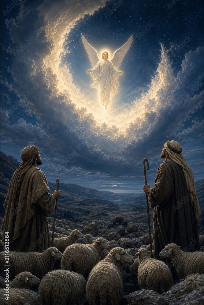 Obraz premium Angel appearing to shepherds in night sky with Jesus Christ inspired scene. Biblical nativity story of Christmas announcement. Religious faith and divine spirit in heavens. Traditional art.