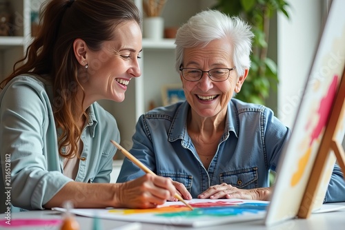 Moments of Joy: A Caregiver and Senior Collaborating on a Vibrant Art Project