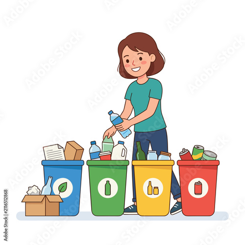 Young woman sorting recycling into separate bags in a clean space  
