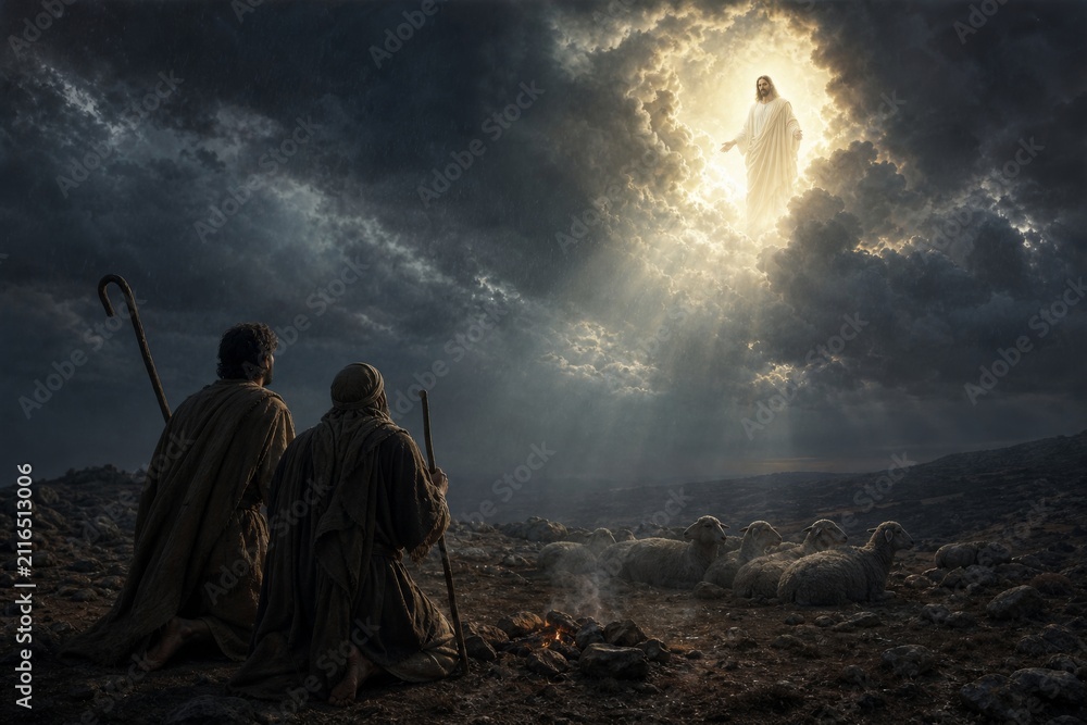 Fototapeta premium Jesus Christ appearing to shepherds in field. Divine miracle in night sky with bright light clouds. Biblical story scene of annunciation. Christian religion and faith spiritual concept.
