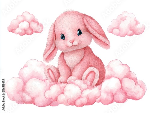 Pink Bunny Sitting on Clouds Watercolor Illustration Cute Animal Art Isolated on White Background Dreamy and Whimsical