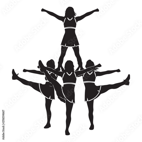 Cheerleading pyramid silhouette vector with four athletes performing a stunt for team spirit and sports competition