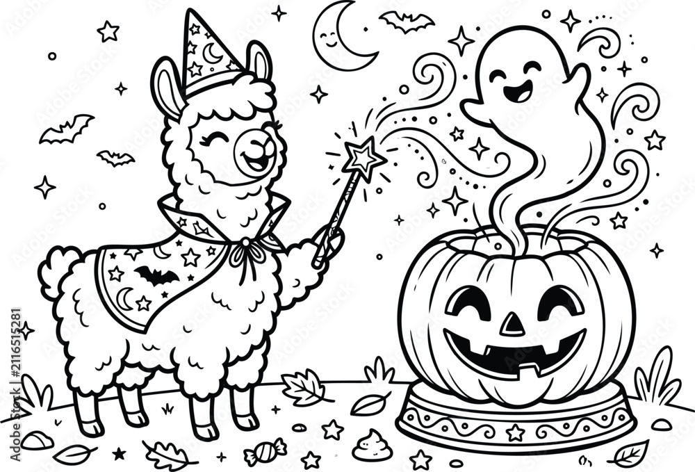 Obraz premium Whimsical cartoon llama wearing a hat pulling a friendly ghost