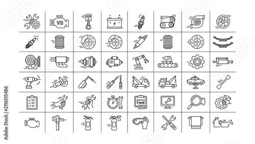 Adobe IllustrAutomotive diagnostics icon set. Including engine maintenance, turbocharger service, ignition system, vehicle inspection, and auto repair symbols. Editable line icons. Vector ator Artwork