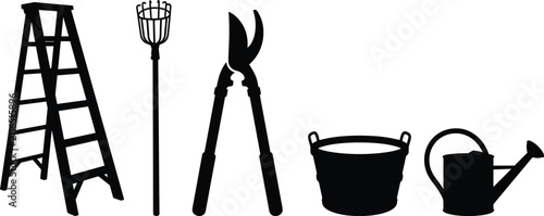 Black silhouette collection of garden and orchard tools featuring a ladder, pruning shears, bucket, and watering can.