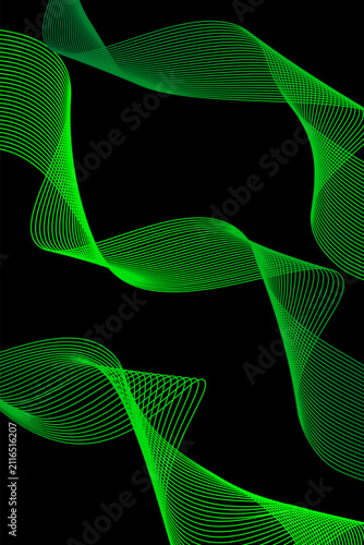 Abstract dark black background with vibrant neon green wavy lines, futuristic geometric mesh wave pattern, and modern digital technology vector illustration.