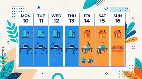 Weekly Hybrid Work Schedule Illustration with Remote Office and Home Balance