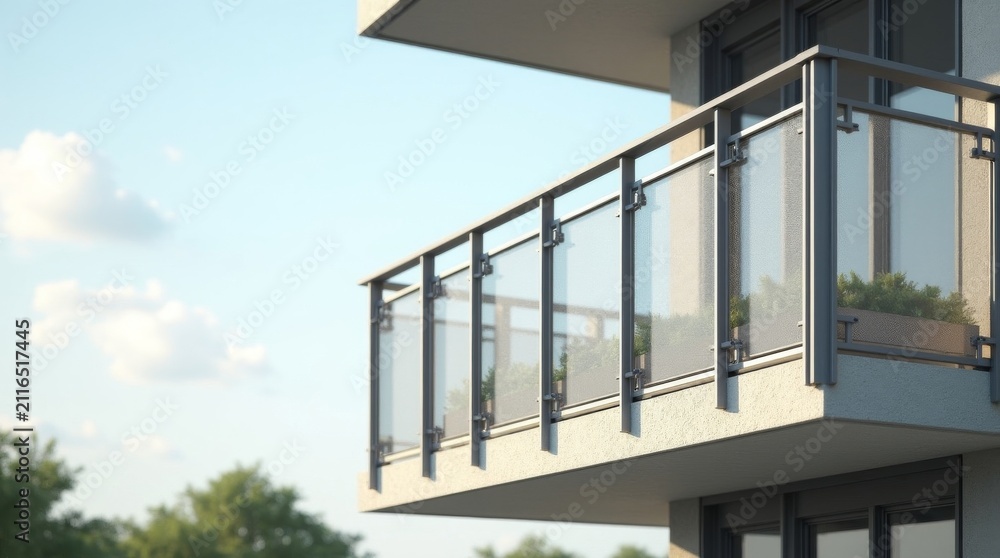 Fototapeta premium Modern glass balcony railing on a residential apartment building exterior.