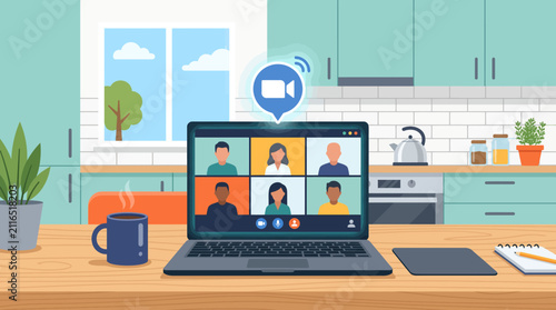 Online Video Conference Meeting on Laptop in Home Kitchen Setting
