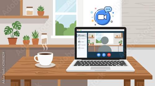 Remote work from home with laptop on kitchen table and coffee cup during video call