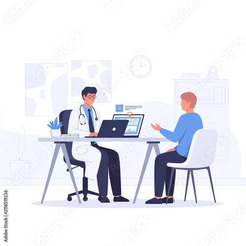 Doctor And Patient Consultation Digital Healthcare Examination In Modern Clinic
