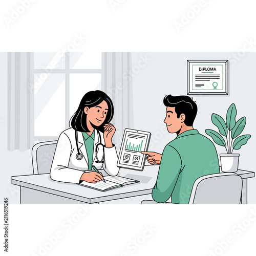 Doctor And Patient Consultation Discussing Health Data On Tablet