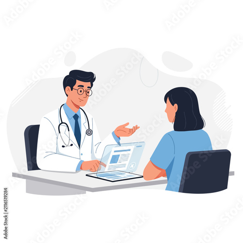 Doctor And Patient Consultation Discussing Health Report On Laptop Screen At A Modern Clinic