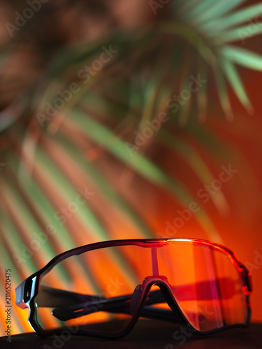 Sports photochromic glasses , sunset light and palm branches on the background