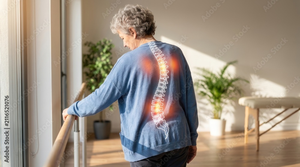 Fototapeta premium Anatomical back deviation: scoliosis affliction, vertebrae deformity, postural misalign, spinal discomfort, elderly therapy, skeletal pathology, health challenge, body support.