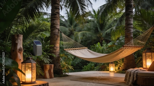 Empty white hammock hanging between palm trees in a lush tropical jungle garden illuminated by warm candle lanterns at night. Summer vacation relaxation.