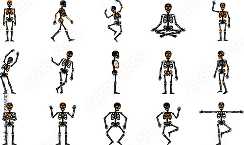 Fotografie Collection of human skeletons in various dynamic poses and gestures with skeleto