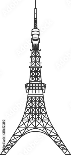 Iconic tokyo tower communication mast outline drawing with landmark communication observation