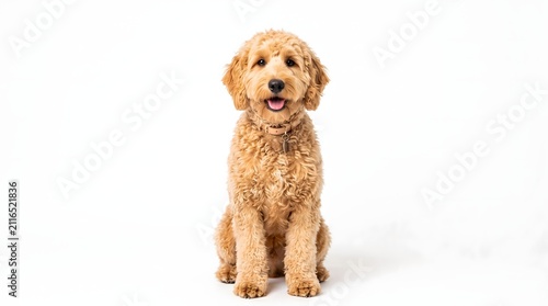 Fluffy golden doodle dog sitting attentively for commercial use in bright studio photography with a clean isolated white background.
