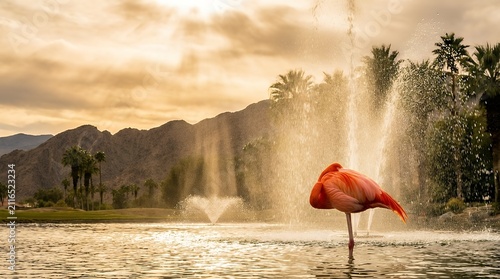 Dramatic scene of sunlit flamingo burying head into wings as fountain rain pours down into lake in Palm Desert California representing self-protection wildlife beauty and striking scenery In Storm As