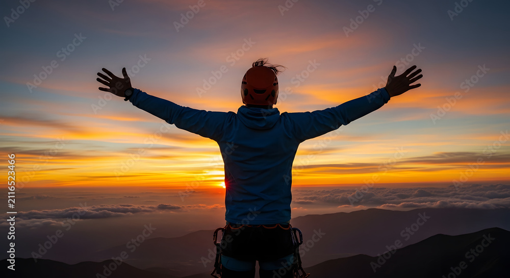 Fototapeta premium Adventurous Person Arms Wide Open Celebrating Mountain Summit Sunrise Achievement