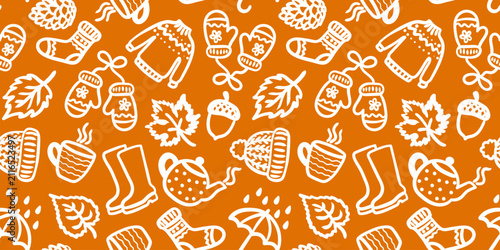 Cuadro en lienzo autumn cozy doodle seamless pattern with sweater mittens boots umbrella tea mug
