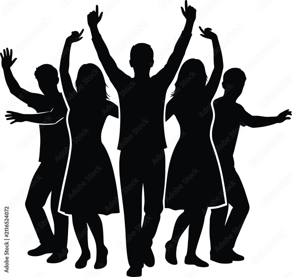 Fototapeta premium Silhouettes of group of people dancing and celebrating with celebration silhouette happiness