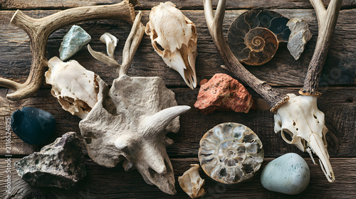 A varied display including animal skull specimens, deer antlers, a replica of an ancient triceratops, an ammonite fossil, and a collection of various natural stones laid out on a wooden texture backdr
