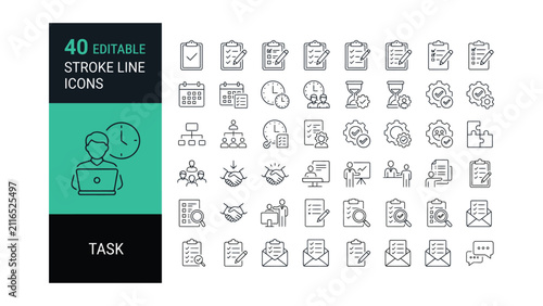 Adobe IllusTask icon set. Including checklist, project, to-do list, job, workflow, clipboard, multitasking, assignment, business planning, and more. Editable line icons. Vector illustrattrator Artwork