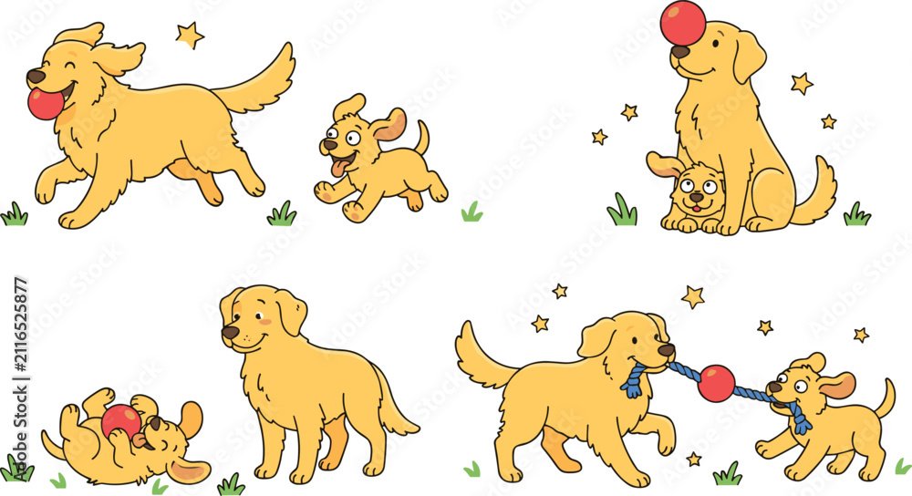 Fototapeta premium Cute Golden Retriever Dog and Puppy Cartoon Character Vector Set Featuring Playful Pets Running Playing Ball and Tug of War for Graphic Designs