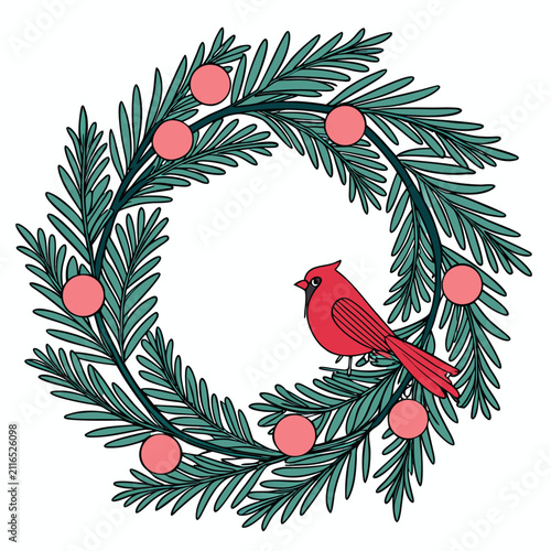 Christmas wreath with red cardinal bird and decorative berries isolated  illustration on white background. 