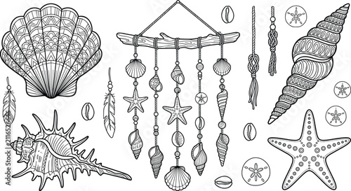 Bild auf Leinwand Bohemian Seashell Wind Chime and Starfish Vector Set with Intricate Mandala Coas