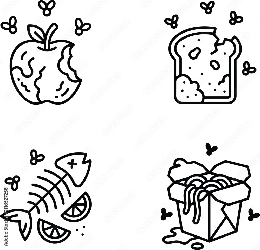 Fototapeta premium Spoiled food and organic waste icon set moldy apple bread fish bone takeout line art vector illustration collection.