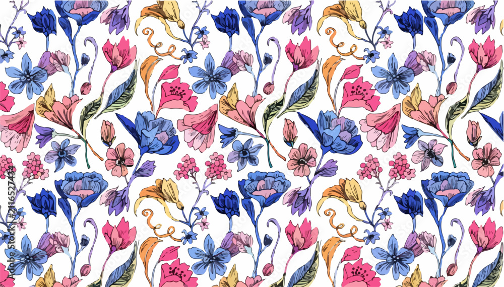 Naklejka premium Beautiful Floral Watercolor Fabric Pattern Background