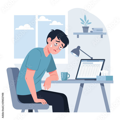 Depressed Man Feeling Overwhelmed By Work At Home Office Desk