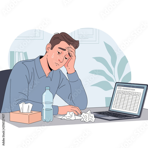 Depressed Man Overwhelmed By Work Sitting At Desk With Symptoms Of Illness
