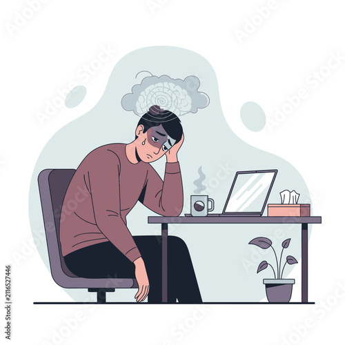 Depressed Man Sitting At Desk Feeling Overwhelmed And Stressed