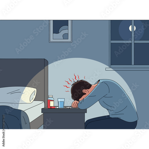 Depressed Man Suffering From Insomnia And Headache At Night