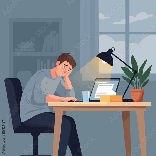Depressed Man Working Late At Desk Feeling Exhausted And Stressed Out By Overtime Pressure