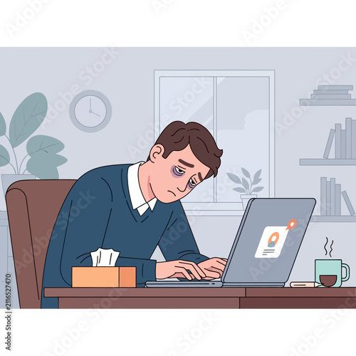 Depressed Man Working Late At Computer With Fatigue And Stress