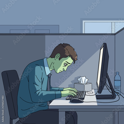 Depressed Man Working Late In An Office Under Dim Lighting