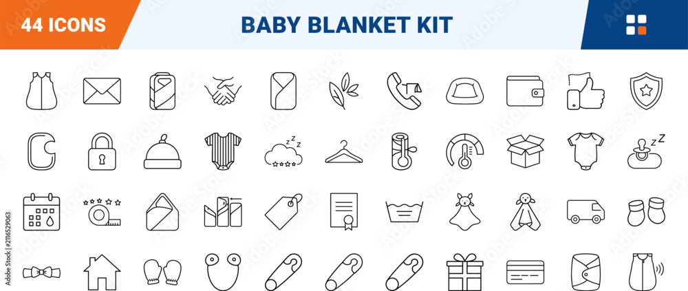 Fototapeta premium Swaddle store line icon set. Vector pictograms of baby, sleep, sack, and newborn elements, thin linear illustration.