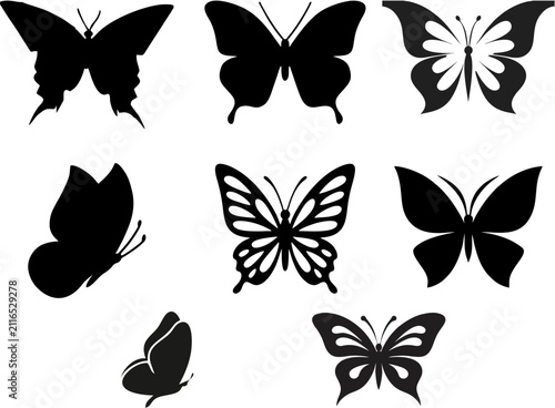Black butterfly silhouette collection, set of 8 decorative insect icons. Minimalist butterfly vector shapes, elegant nature design elements for tattoos and logos